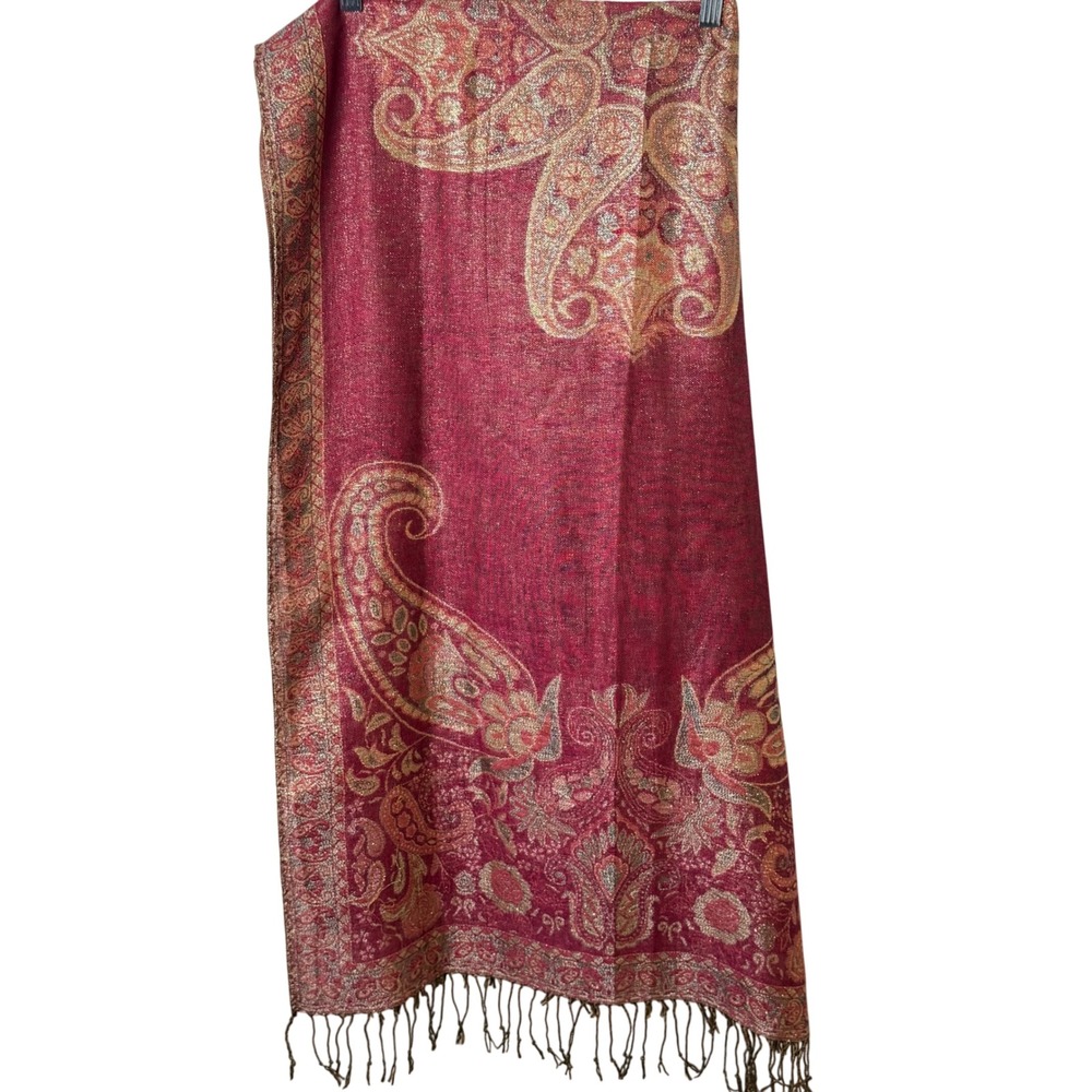 Pashmina Scarf Womens Burgundy Gold Paisley Silk Blend Fringe Wrap Shawl